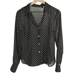 New York & Company Geometric Button Down Front Blouse Top Black Size Medium Work
